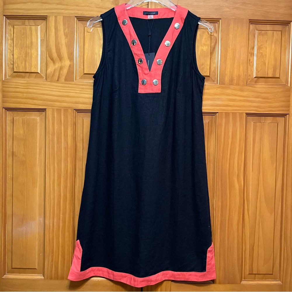 Tommy Hilfiger Navy Blue/Coral Linen Blend Dress Size 8 NWT